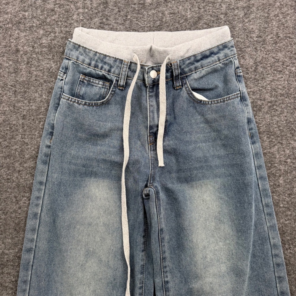SHEIN Girls Wide Leg Distressed Denim Jeans Light Wash Drawstring Waist Size 14Y - Picture 2 of 10